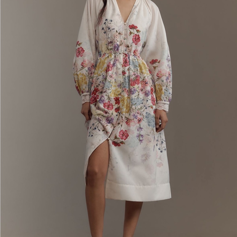 Anthropologie Let Me Be Long-Sleeve V-Neck Floral A-Line Midi Dress